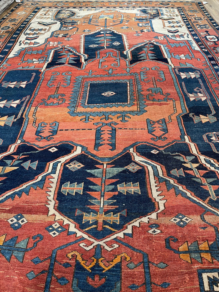 ASTONISHING Antique Persian Serapi 👑 KING of KINGS 👑  | World Class DIAMOND Textile in Terracotta, Sunset-Clay & Indigo | 9.8 x 16