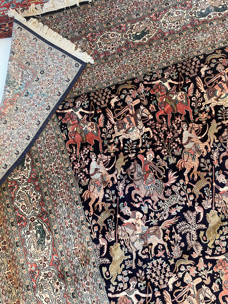 (Payment 1 of 2) RESERVED FOR OLIVIER*** PURE KASHMIR SILK Vintage Room Size Pictorial Piece; "The Royal Hunt" Terracotta, Indigo, Sage Green | 9.1 x 12.7
