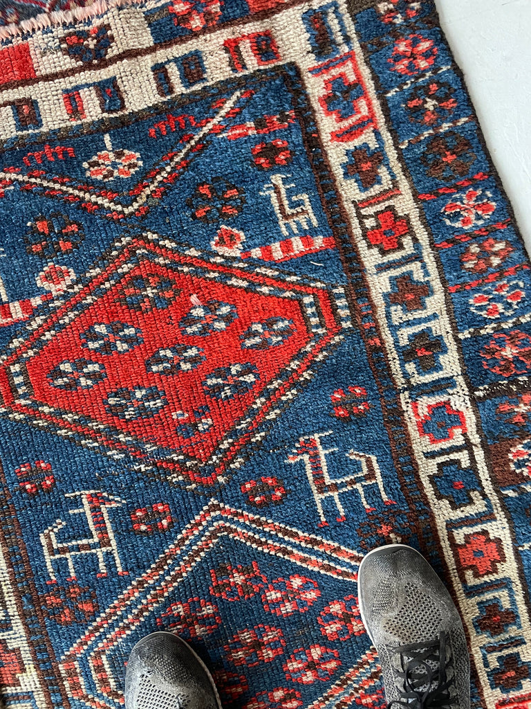 NAUTICAL Antique Runner with Charming Protective Animals | Wild Blues & Rusty Persimmon | 3.2 x 10.7
