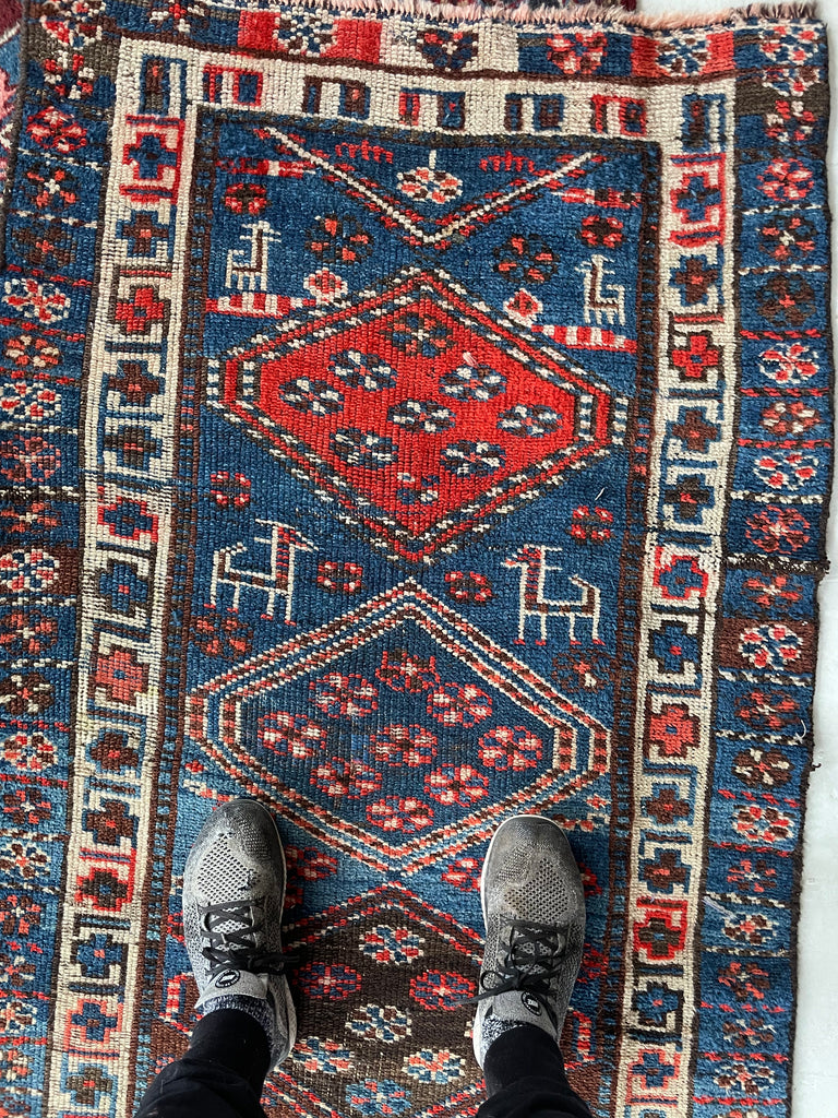 NAUTICAL Antique Runner with Charming Protective Animals | Wild Blues & Rusty Persimmon | 3.2 x 10.7