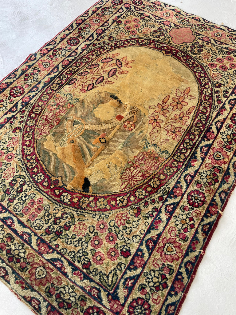 The BANKSY OF RUGS |  Antique Kerman Lavar | Signed Piece, Cool Story | 2 x 2.9