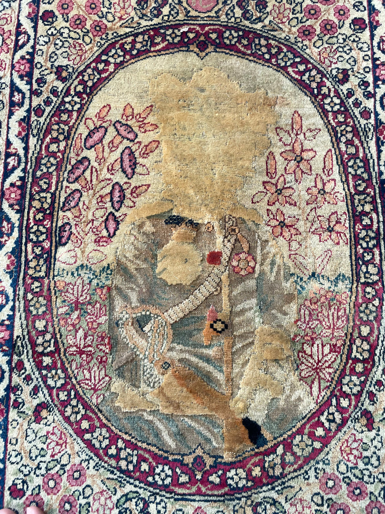 The BANKSY OF RUGS |  Antique Kerman Lavar | Signed Piece, Cool Story | 2 x 2.9