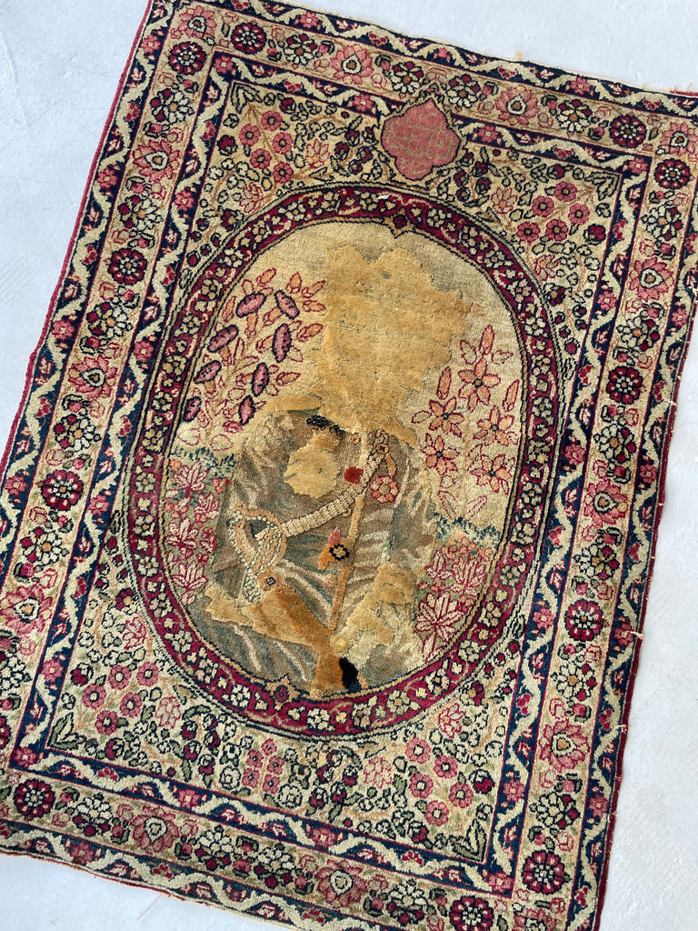 The BANKSY OF RUGS |  Antique Kerman Lavar | Signed Piece, Cool Story | 2 x 2.9