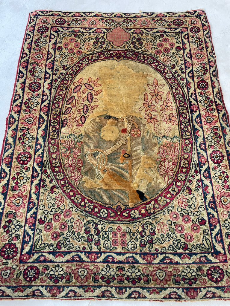 The BANKSY OF RUGS |  Antique Kerman Lavar | Signed Piece, Cool Story | 2 x 2.9