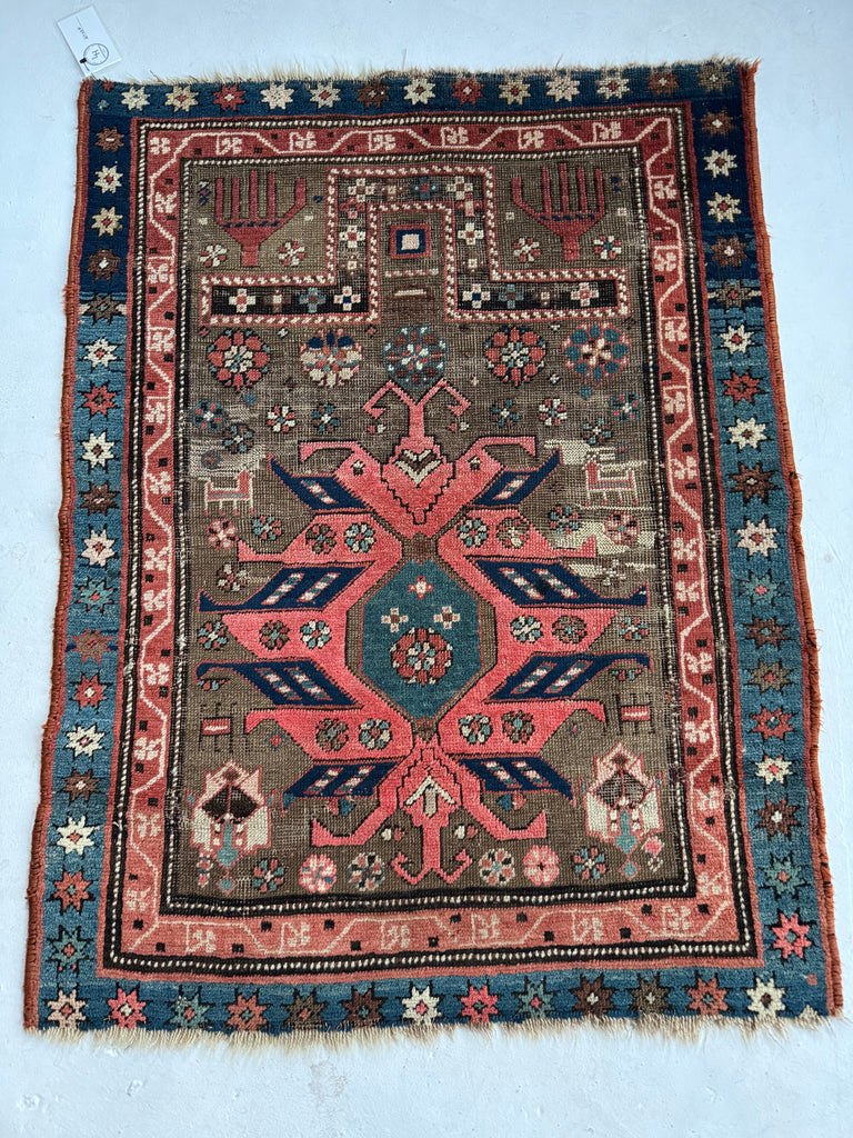 SWEET Oxidized Almond, Teal, & Rusty-Coral Prayer Rug with Hand Motifs & Animals | ~ 3 x 5