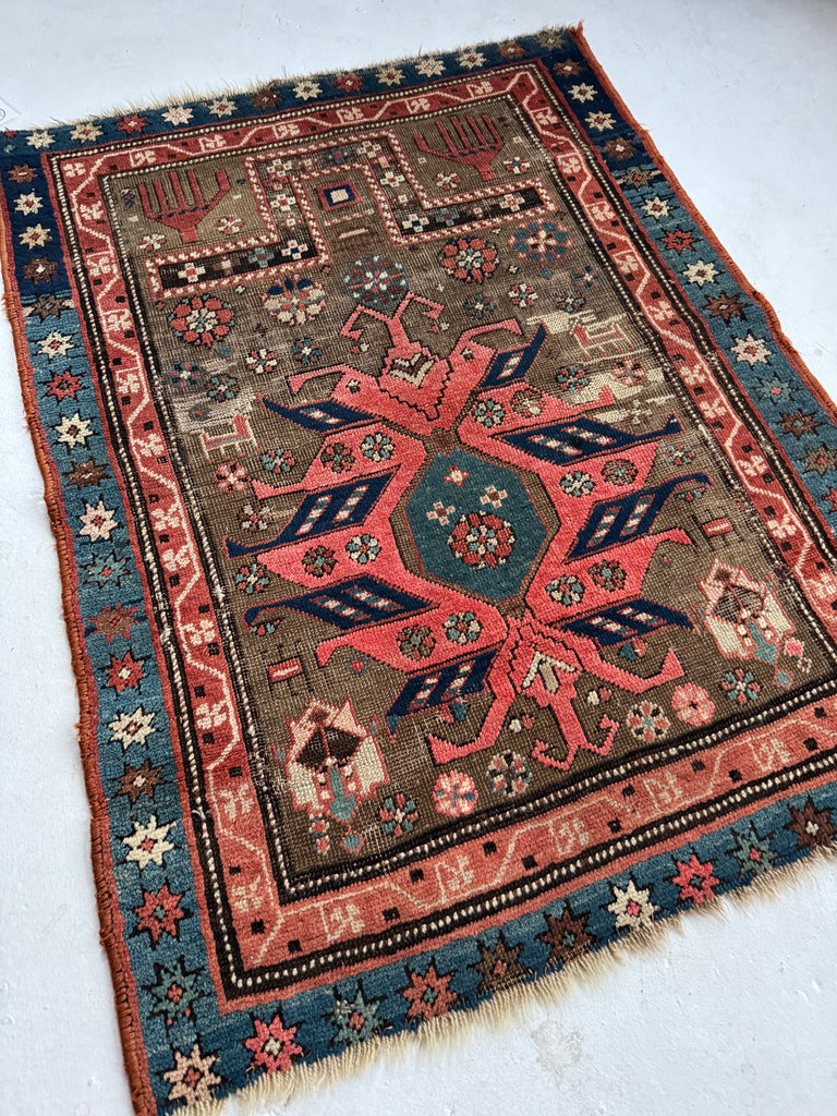 SWEET Oxidized Almond, Teal, & Rusty-Coral Prayer Rug with Hand Motifs & Animals | ~ 3 x 5