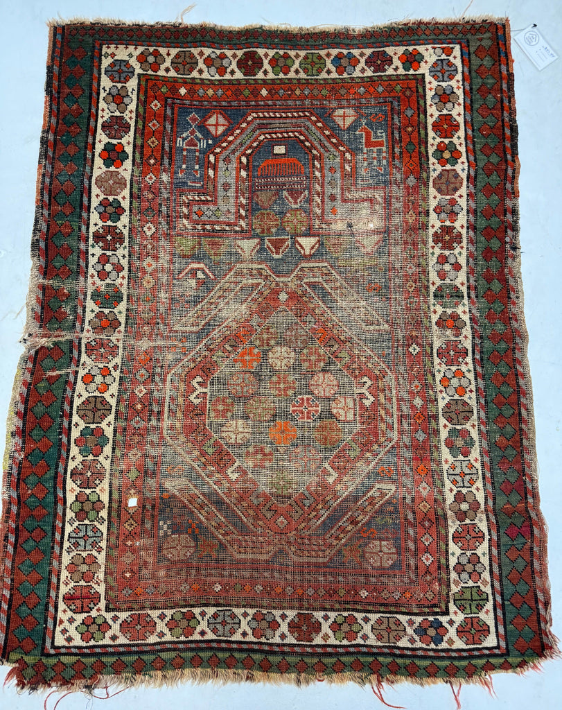 SOLD | WORN & BEAUTIFUL Blue & Green Antique Caucasian Prayer rug with Prayer Hands! | ~ 3 x 5