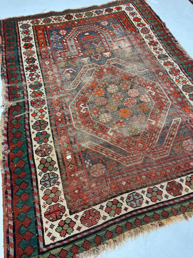SOLD | WORN & BEAUTIFUL Blue & Green Antique Caucasian Prayer rug with Prayer Hands! | ~ 3 x 5