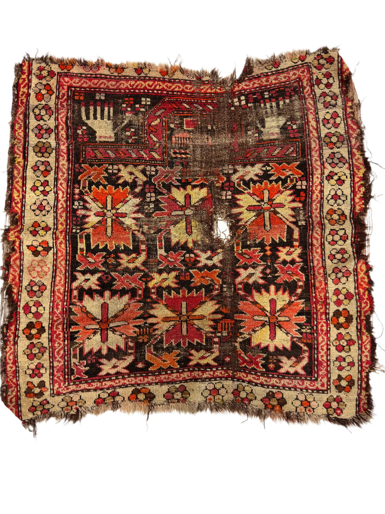 Marvelous Worn Caucasian Antique Prayer Rug | Charcoal, Rusty Orange, Wheat | ~ 3 x 3 Square-ish