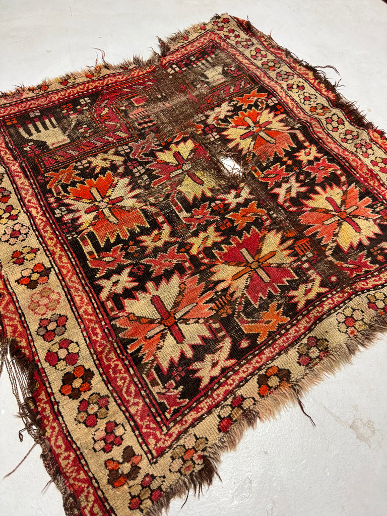 Marvelous Worn Caucasian Antique Prayer Rug | Charcoal, Rusty Orange, Wheat | ~ 3 x 3 Square-ish