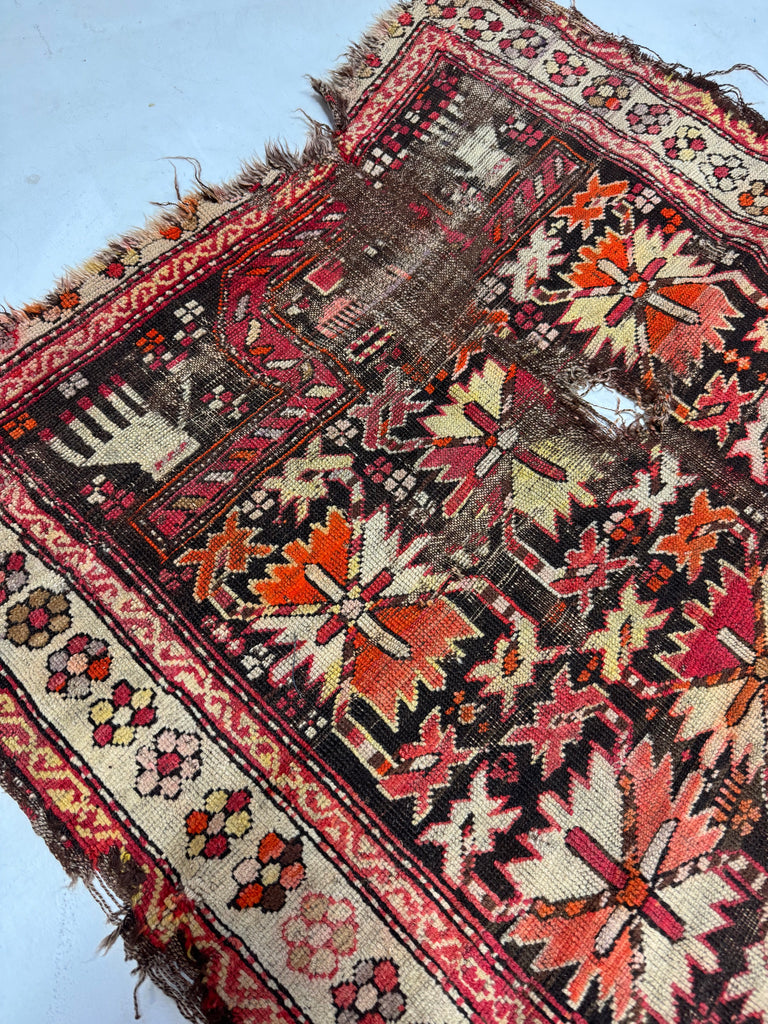 Marvelous Worn Caucasian Antique Prayer Rug | Charcoal, Rusty Orange, Wheat | ~ 3 x 3 Square-ish