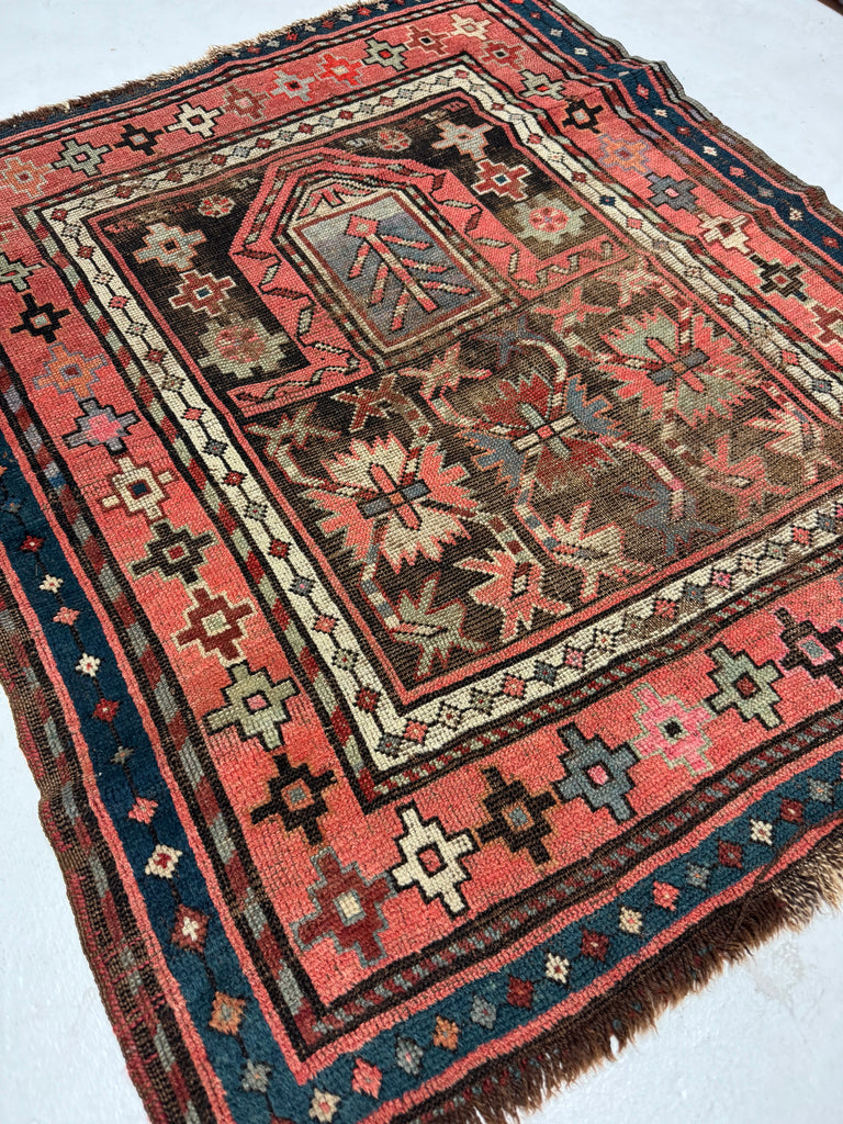 SMOKEY Black with Lovely Coral Worn Antique Prayer Rug from the Caucus Mountains | ~ 3 x 4 ish