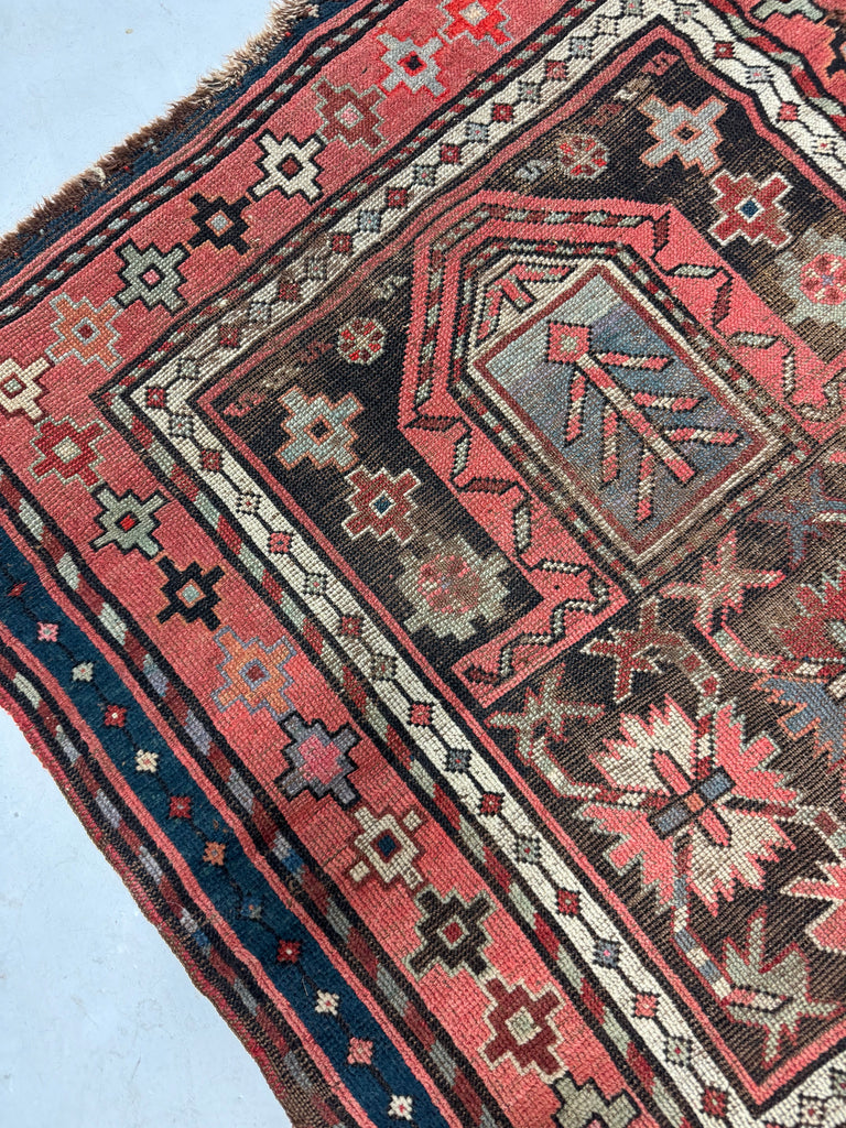 SMOKEY Black with Lovely Coral Worn Antique Prayer Rug from the Caucus Mountains | ~ 3 x 4 ish