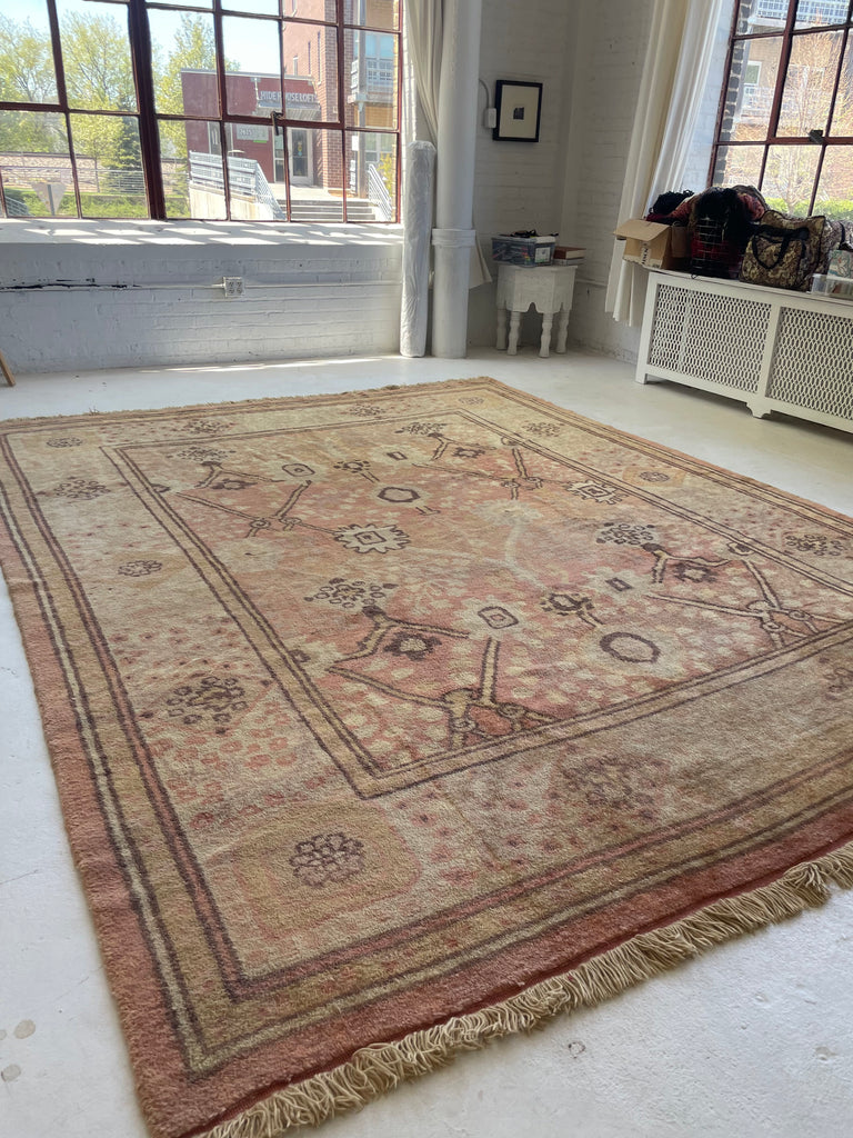 SOLD | GLOWING Vintage Oushak Rug | Ancient Design with Glossy Plush Wool in Salmon, Pink, Gold, Aubergine, Camel | 9.1 x 11.9