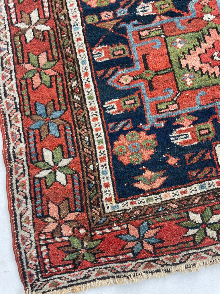 SOLD | MOODY Indigo & Avocado Antique Karaja | Super Fine Weave | 3.4 x 4.6