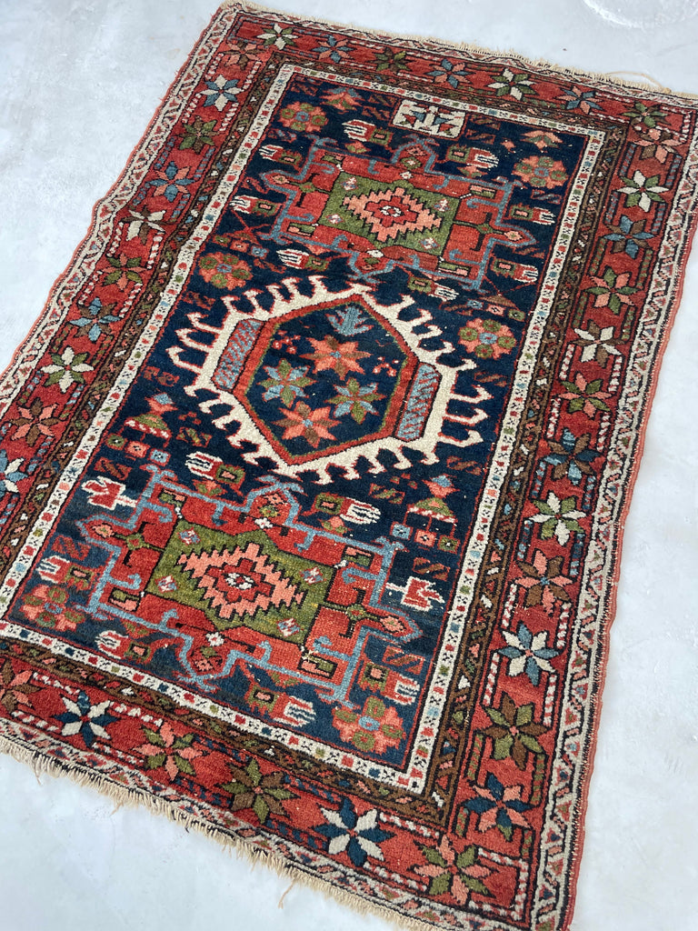 SOLD | MOODY Indigo & Avocado Antique Karaja | Super Fine Weave | 3.4 x 4.6