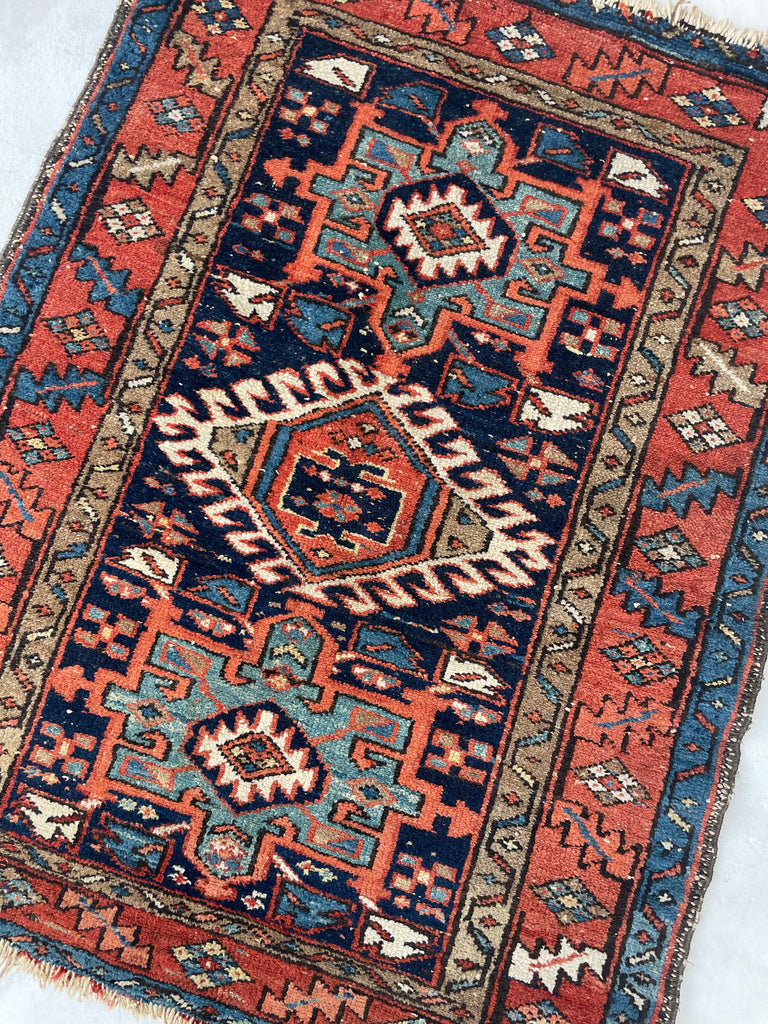 SOLD | DROP DEAD GORGEOUS Antique Karaja | Glowing Terracotta, Deep Ink, Seafoam Green, Camel | 3.5 x 4.3