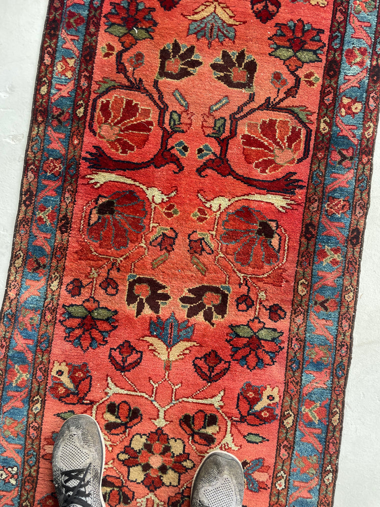SOLD | ENCHANTING Coral with Ice Blue & GREEN Vintage/Antique Lilihan Sarouk Runner | 2.7 x 9.5