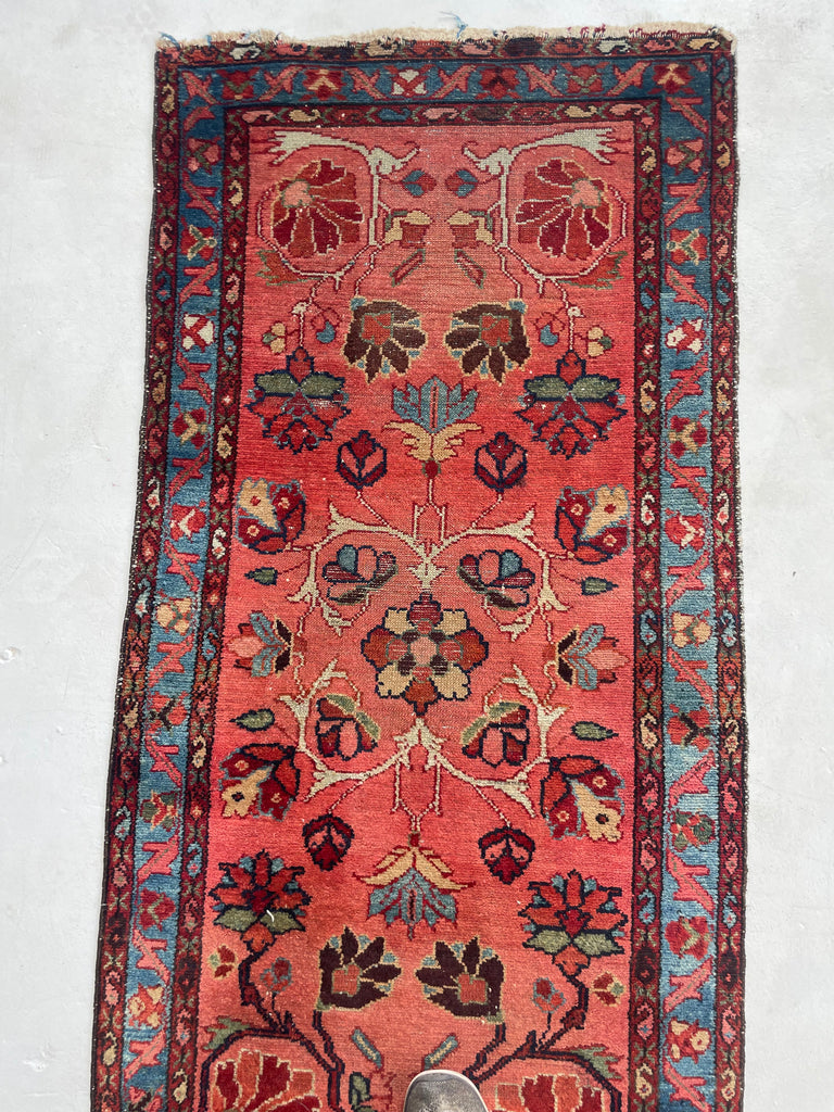 SOLD | ENCHANTING Coral with Ice Blue & GREEN Vintage/Antique Lilihan Sarouk Runner | 2.7 x 9.5