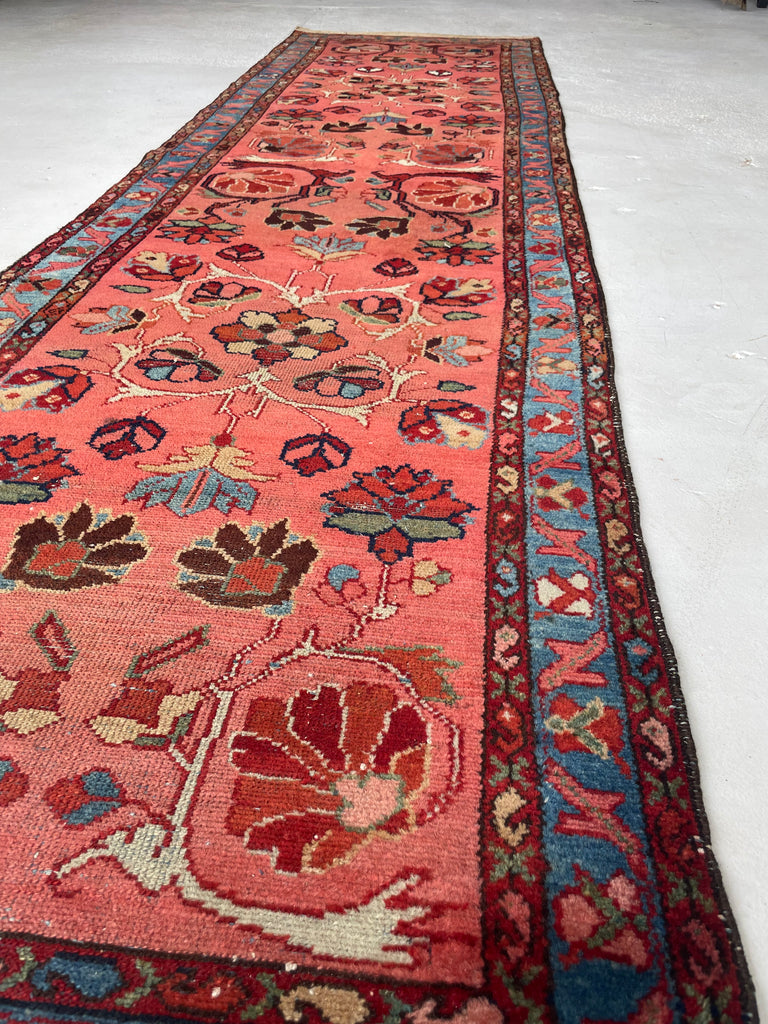 SOLD | ENCHANTING Coral with Ice Blue & GREEN Vintage/Antique Lilihan Sarouk Runner | 2.7 x 9.5