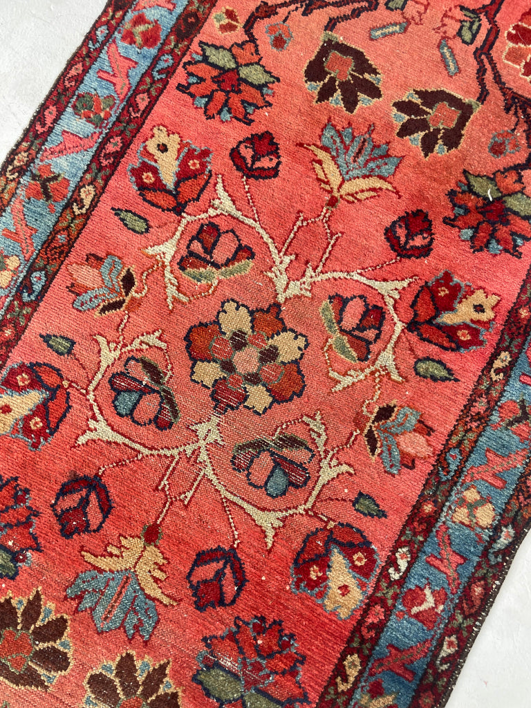 SOLD | ENCHANTING Coral with Ice Blue & GREEN Vintage/Antique Lilihan Sarouk Runner | 2.7 x 9.5