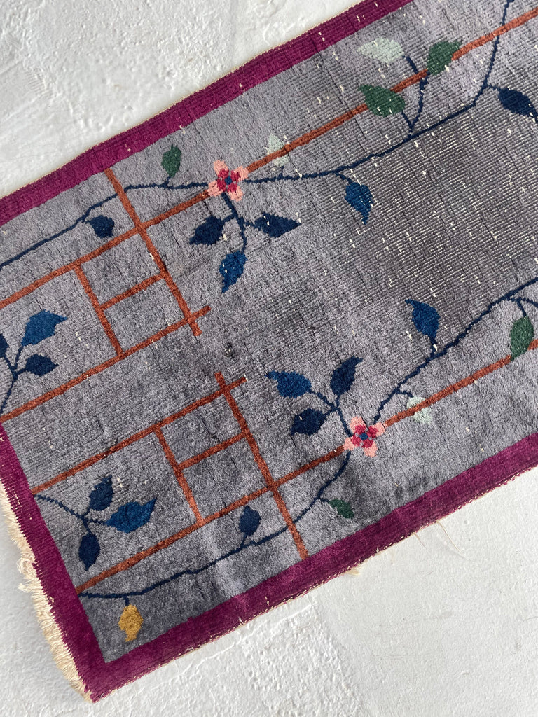 SOLD | ASIAN GARDEN RUNNER | Art Deco Eastern Botanical Beauty with Grey, Plum & Pastels | 2.1 x 7.9