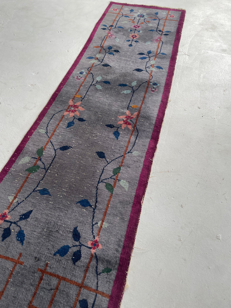 SOLD | ASIAN GARDEN RUNNER | Art Deco Eastern Botanical Beauty with Grey, Plum & Pastels | 2.1 x 7.9