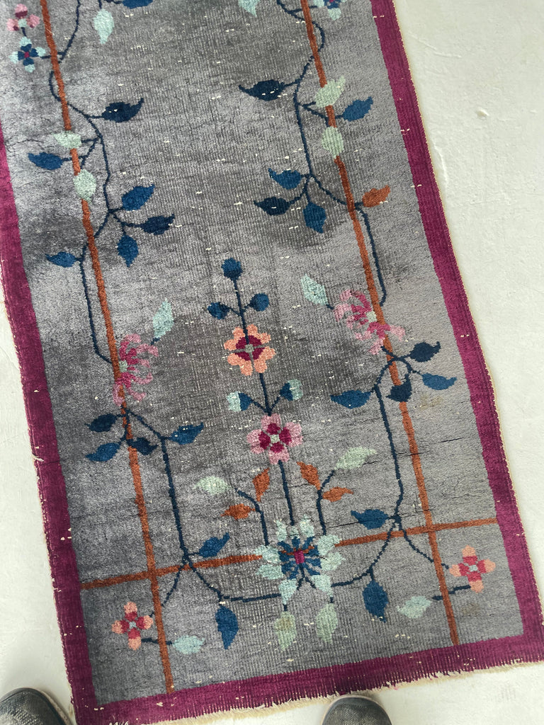 SOLD | ASIAN GARDEN RUNNER | Art Deco Eastern Botanical Beauty with Grey, Plum & Pastels | 2.1 x 7.9