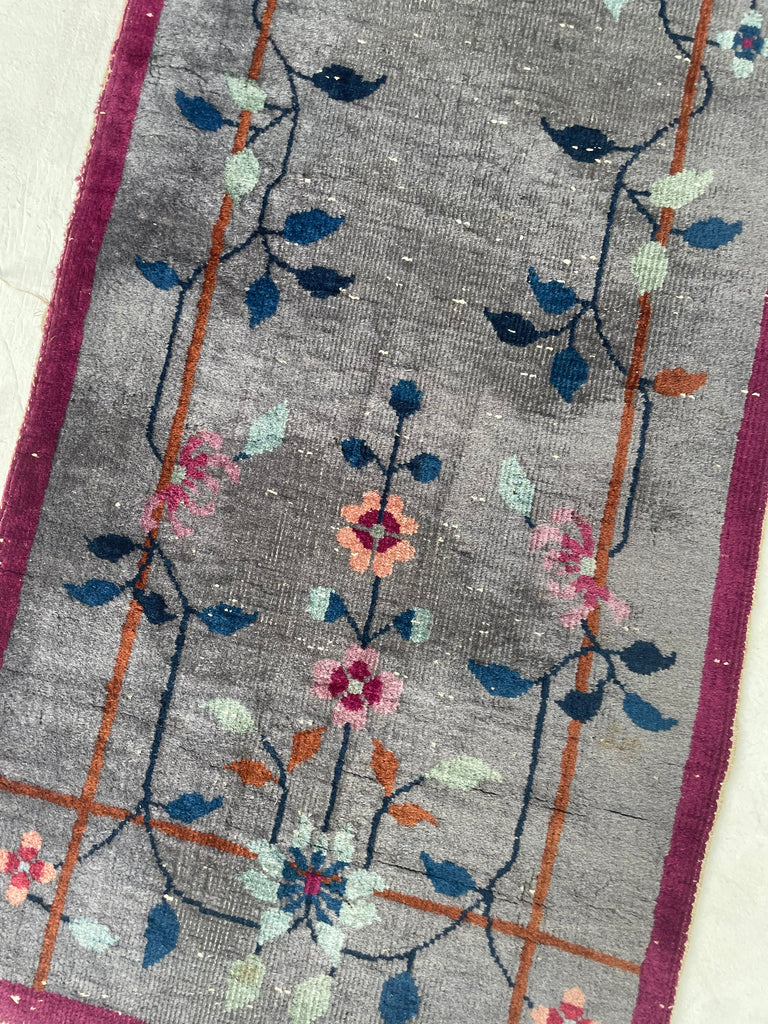 SOLD | ASIAN GARDEN RUNNER | Art Deco Eastern Botanical Beauty with Grey, Plum & Pastels | 2.1 x 7.9