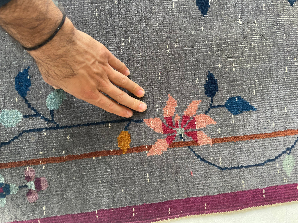 SOLD | ASIAN GARDEN RUNNER | Art Deco Eastern Botanical Beauty with Grey, Plum & Pastels | 2.1 x 7.9