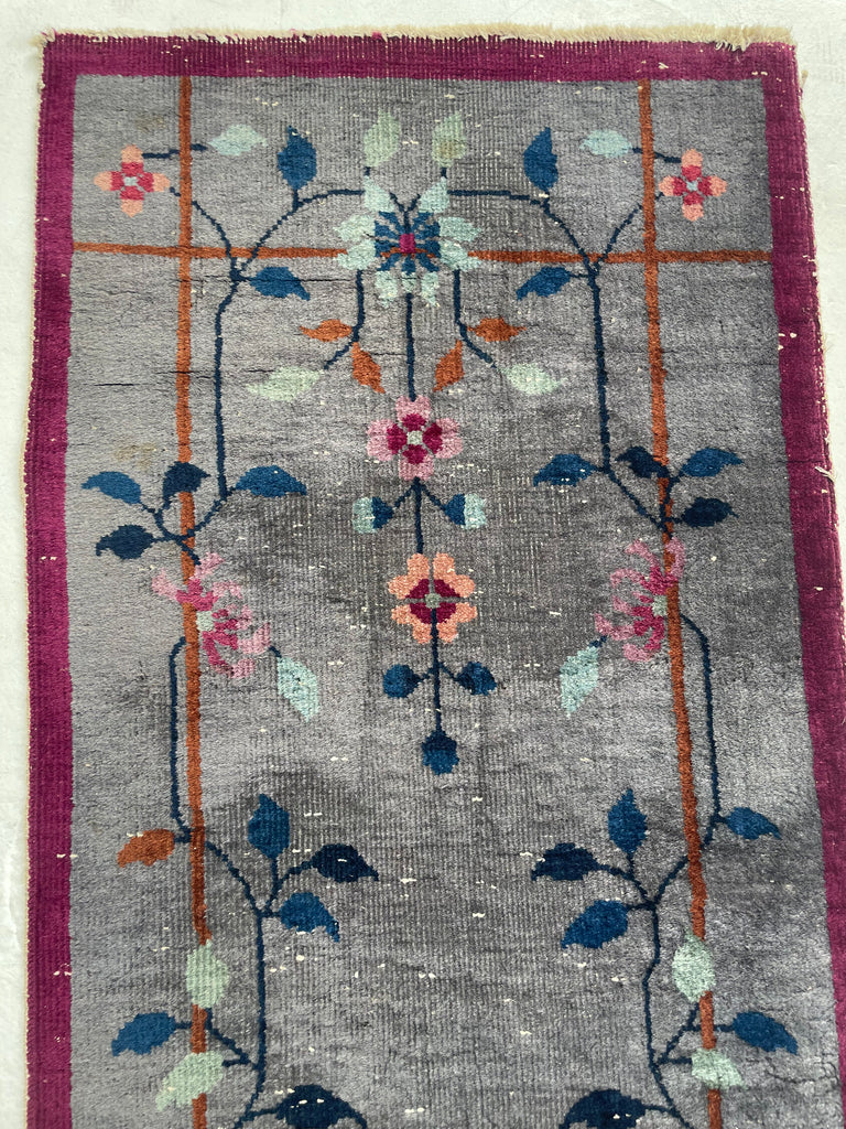 SOLD | ASIAN GARDEN RUNNER | Art Deco Eastern Botanical Beauty with Grey, Plum & Pastels | 2.1 x 7.9