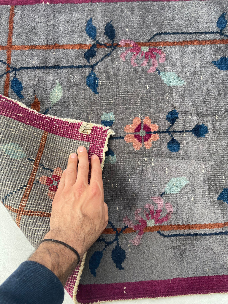 SOLD | ASIAN GARDEN RUNNER | Art Deco Eastern Botanical Beauty with Grey, Plum & Pastels | 2.1 x 7.9