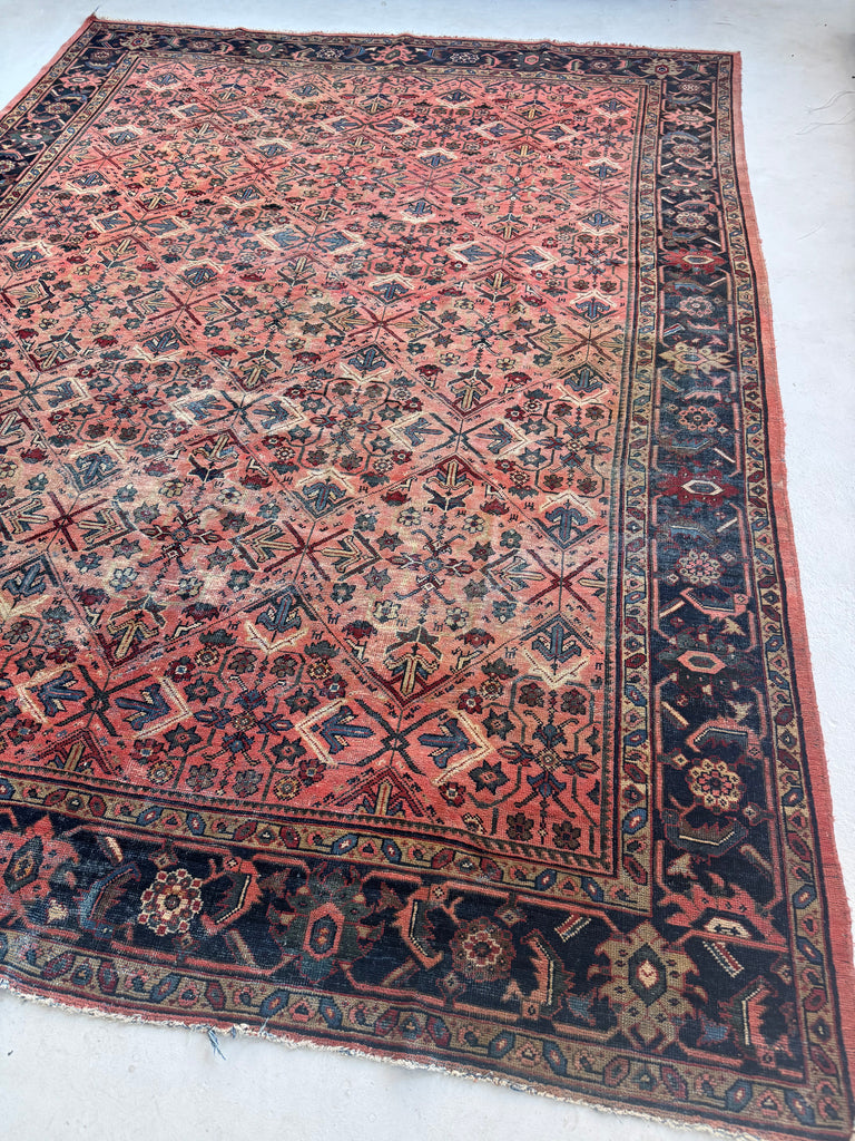 DIVINE Antique Lattice Mahal in Deep Yet Muted Coral, Greens, Taupe, Turquoise, Navy | 9 x 12