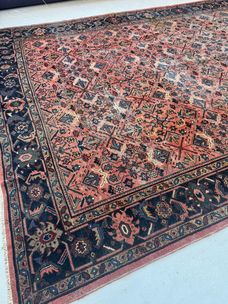 DIVINE Antique Lattice Mahal in Deep Yet Muted Coral, Greens, Taupe, Turquoise, Navy | 9 x 12