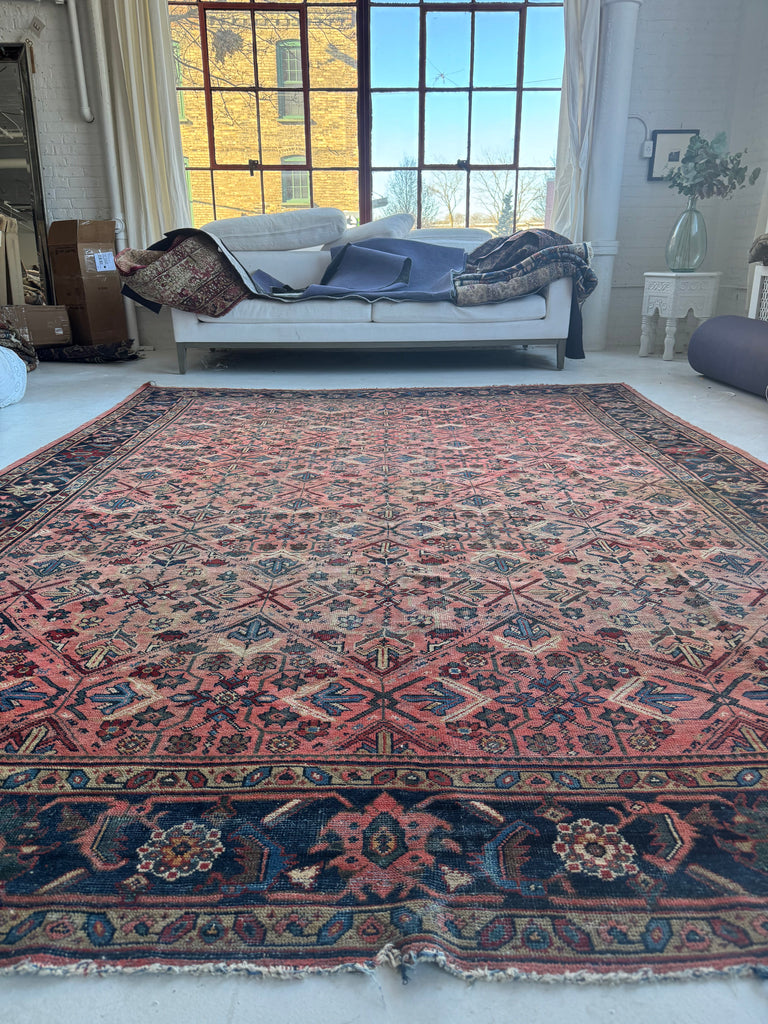 DIVINE Antique Lattice Mahal in Deep Yet Muted Coral, Greens, Taupe, Turquoise, Navy | 9 x 12
