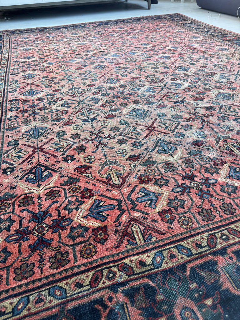 DIVINE Antique Lattice Mahal in Deep Yet Muted Coral, Greens, Taupe, Turquoise, Navy | 9 x 12