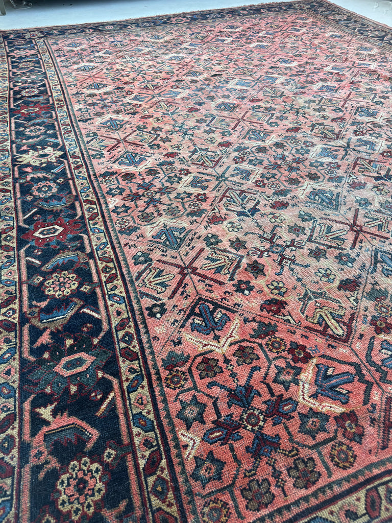 DIVINE Antique Lattice Mahal in Deep Yet Muted Coral, Greens, Taupe, Turquoise, Navy | 9 x 12