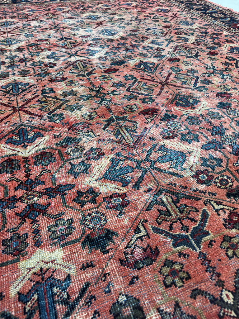 DIVINE Antique Lattice Mahal in Deep Yet Muted Coral, Greens, Taupe, Turquoise, Navy | 9 x 12