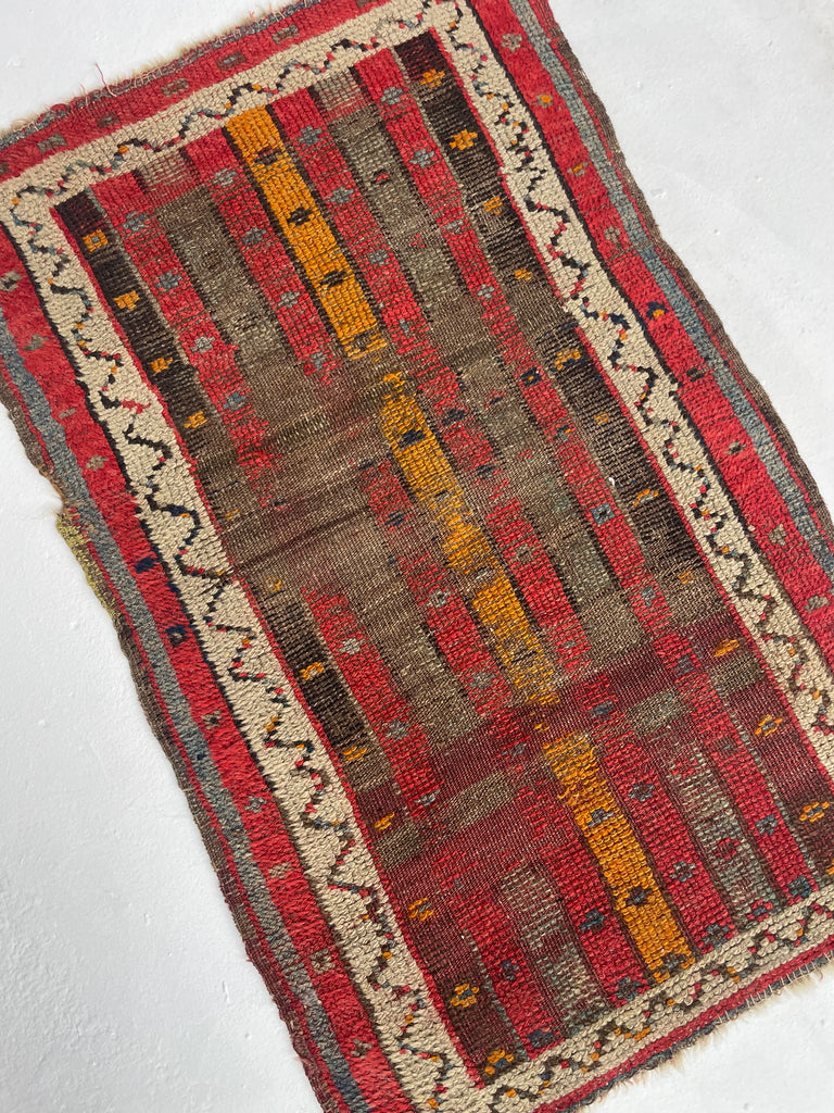 Unique Worn Pure Wool Striped Caucasian Antique Rug Mat | 1.9 x 2.9