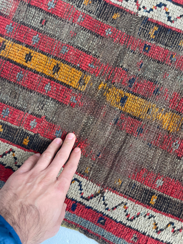 Unique Worn Pure Wool Striped Caucasian Antique Rug Mat | 1.9 x 2.9