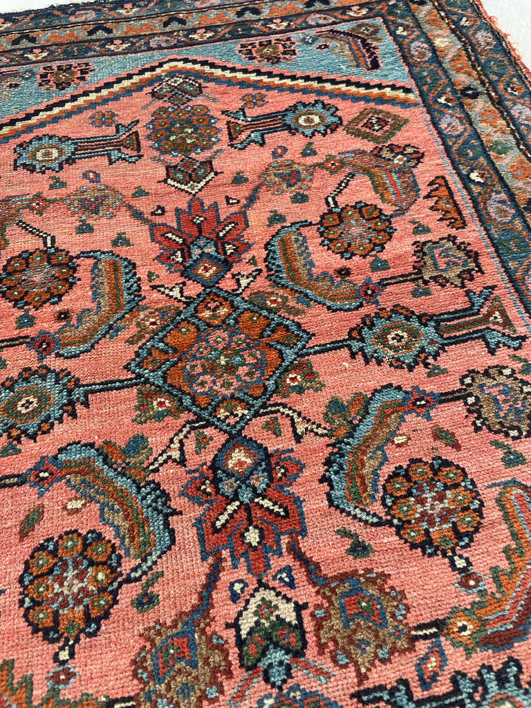 RESERVED FOR CHERI*** STUNNING Antique Hamadan Rug | Coral-Pink & Sky Blue Water Garden | 2.7 x 3.4