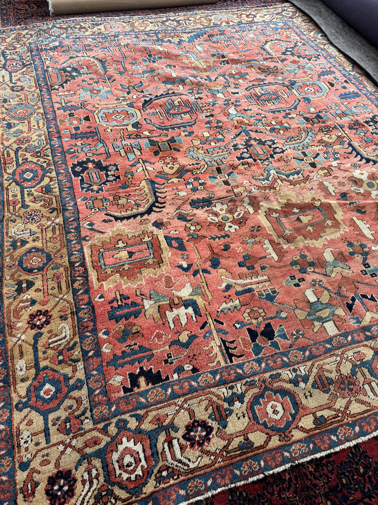 WORLD CLASS Mint Condition Antique Heriz Village Carpet | Rare Camel Border with Coral Ground in Naive Harshang Design with Sickle Leaf Motif | 9.4 x 11.4