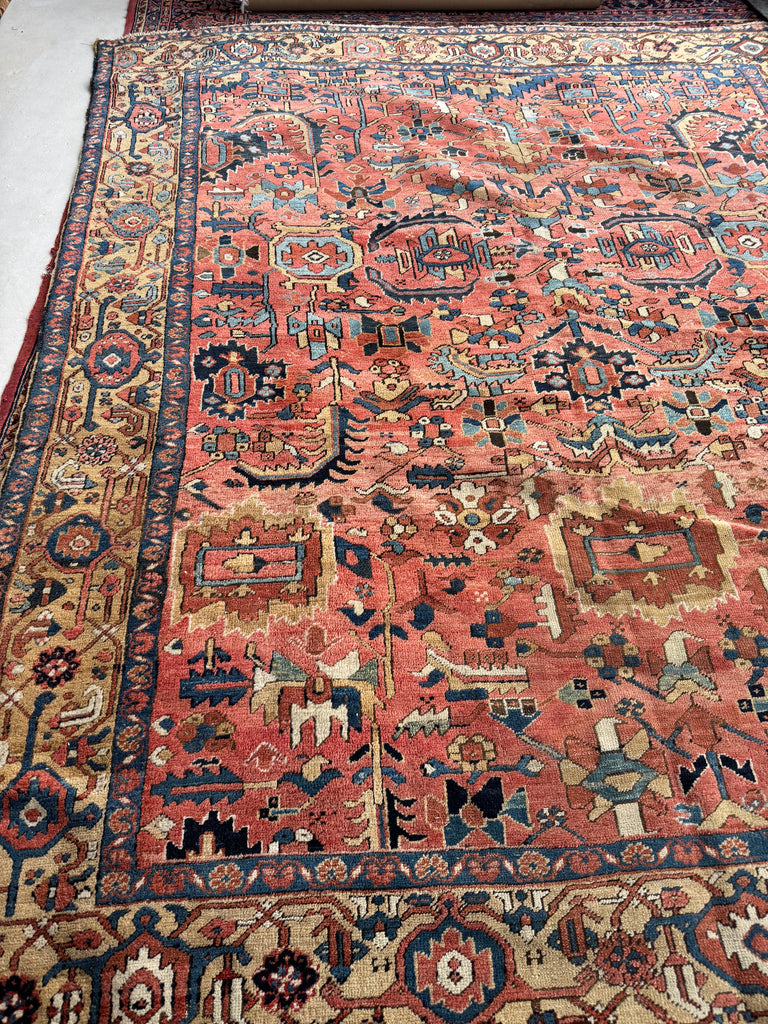 WORLD CLASS Mint Condition Antique Heriz Village Carpet | Rare Camel Border with Coral Ground in Naive Harshang Design with Sickle Leaf Motif | 9.4 x 11.4