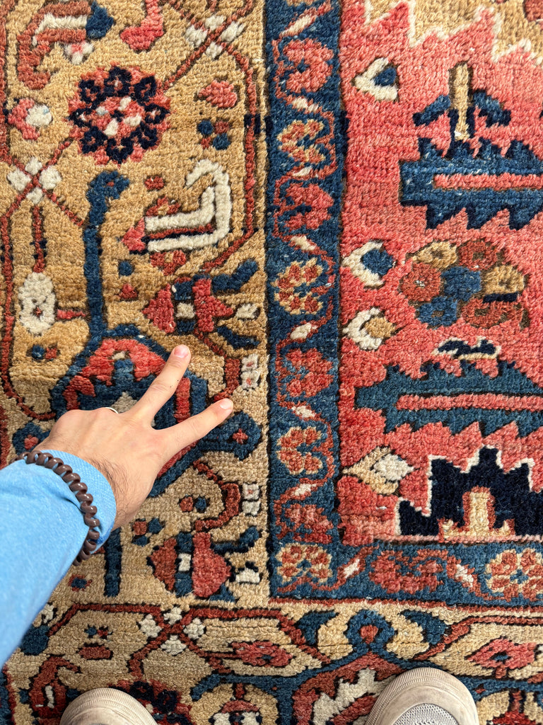 WORLD CLASS Mint Condition Antique Heriz Village Carpet | Rare Camel Border with Coral Ground in Naive Harshang Design with Sickle Leaf Motif | 9.4 x 11.4