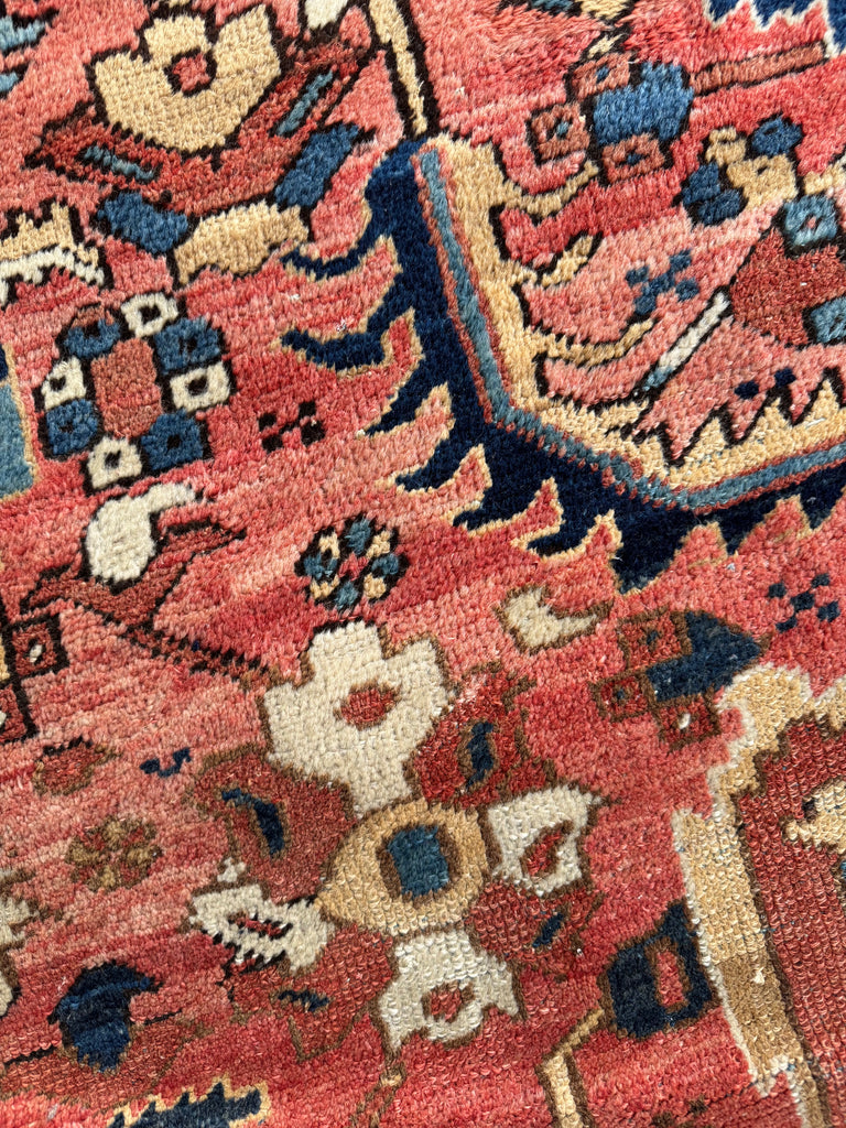 WORLD CLASS Mint Condition Antique Heriz Village Carpet | Rare Camel Border with Coral Ground in Naive Harshang Design with Sickle Leaf Motif | 9.4 x 11.4