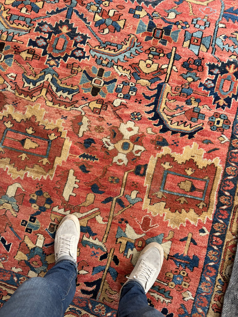WORLD CLASS Mint Condition Antique Heriz Village Carpet | Rare Camel Border with Coral Ground in Naive Harshang Design with Sickle Leaf Motif | 9.4 x 11.4