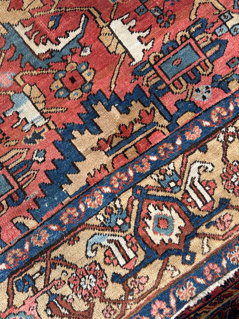 WORLD CLASS Mint Condition Antique Heriz Village Carpet | Rare Camel Border with Coral Ground in Naive Harshang Design with Sickle Leaf Motif | 9.4 x 11.4