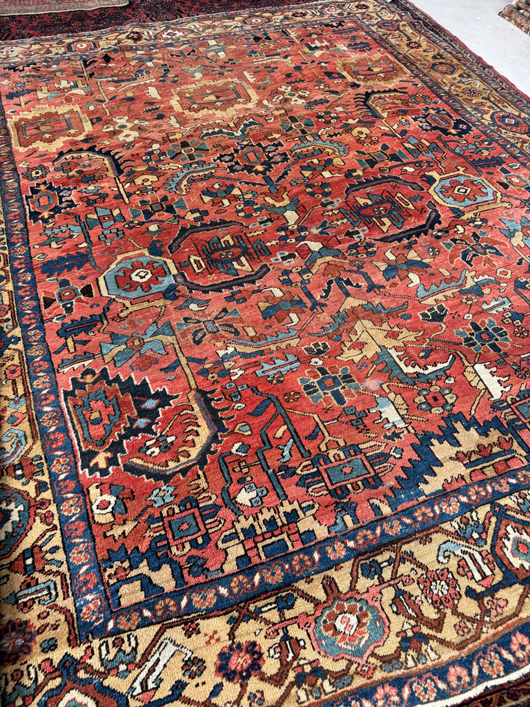 WORLD CLASS Mint Condition Antique Heriz Village Carpet | Rare Camel Border with Coral Ground in Naive Harshang Design with Sickle Leaf Motif | 9.4 x 11.4