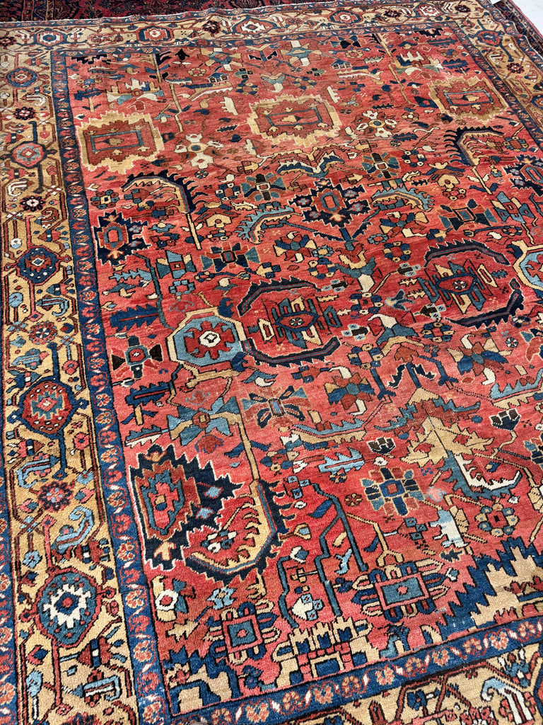 WORLD CLASS Mint Condition Antique Heriz Village Carpet | Rare Camel Border with Coral Ground in Naive Harshang Design with Sickle Leaf Motif | 9.4 x 11.4
