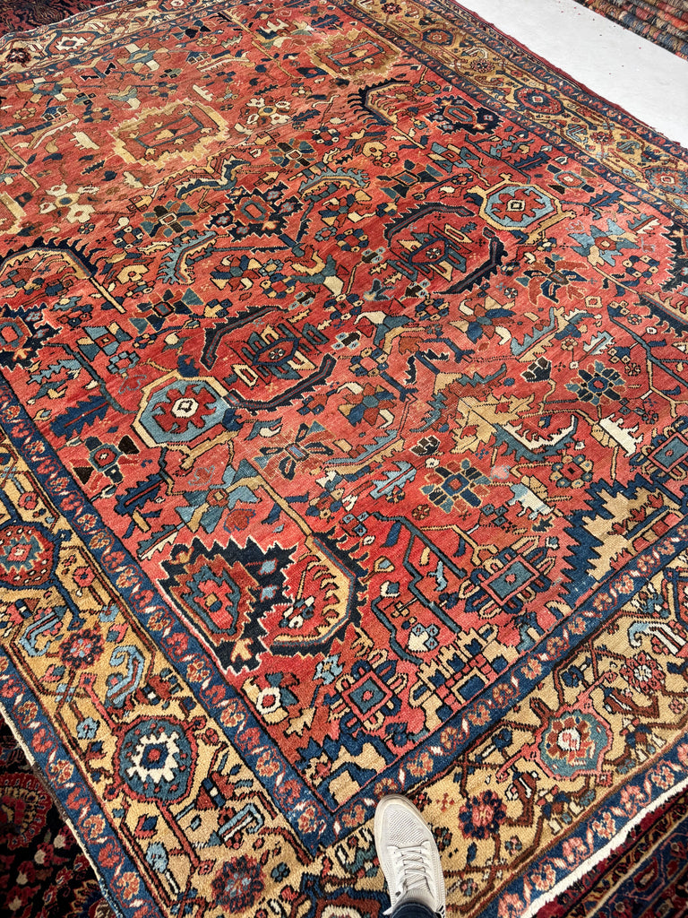 WORLD CLASS Mint Condition Antique Heriz Village Carpet | Rare Camel Border with Coral Ground in Naive Harshang Design with Sickle Leaf Motif | 9.4 x 11.4